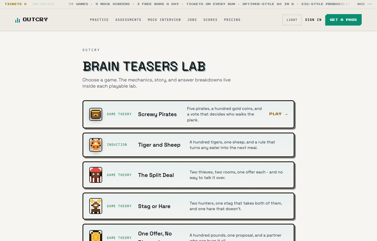 Brain Teasers Lab in play on Outcry